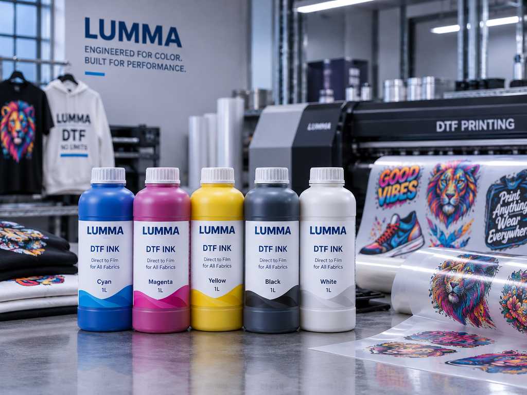 LUMMA DTF inks in CMYK and white, 1-liter bottles for direct-to-film textile printing