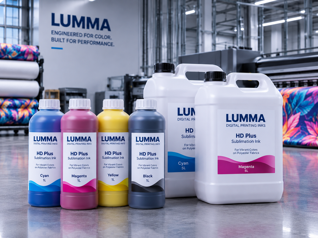 LUMMA HD+ sublimation ink in 1-liter and 5-liter bottles for transfer printing on polyester fabrics