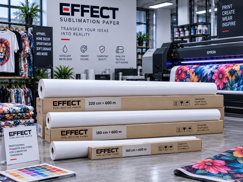 EFFECT sublimation transfer paper rolls in 160 cm, 180 cm and 320 cm widths, 600 meters long