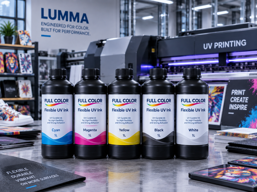 Full Color Flexible UV ink in 1-liter black bottles, available in CMYK and White