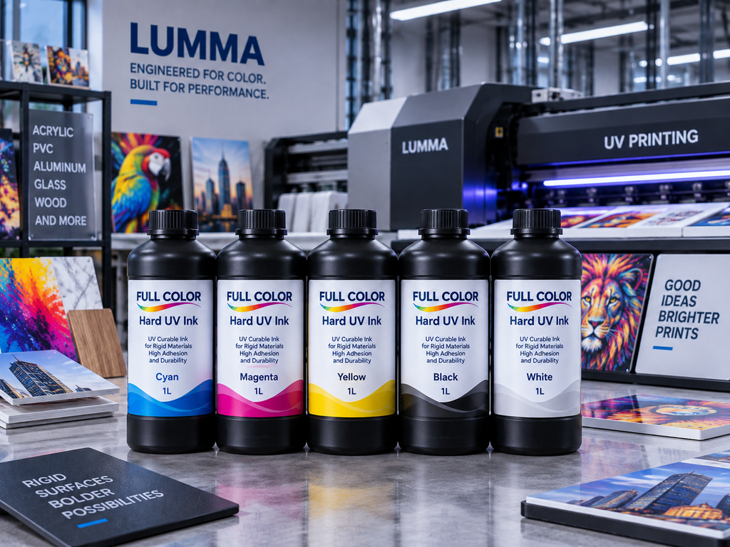 Full Color Hard UV ink in 1-liter black bottles, available in CMYK and White