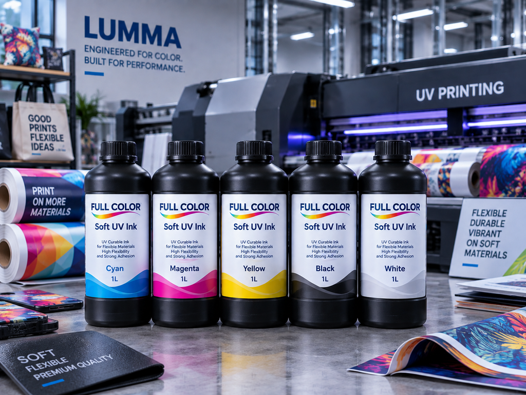 Full Color Soft UV ink in 1-liter black bottles, available in CMYK and White